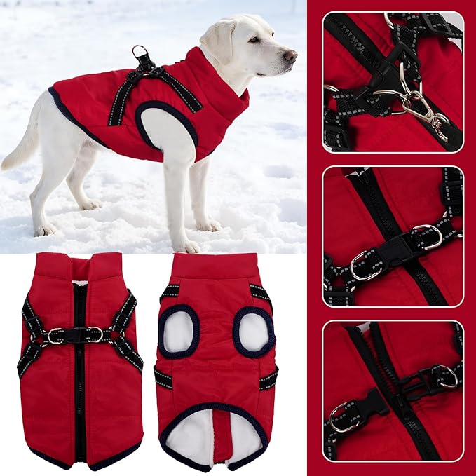 Dog Winter Coat with Harness Winter Jacket for Small Dogs Reflective Cold Weather Coats Warm Pet Vest Waterproof Snowsuit (Red, Small)