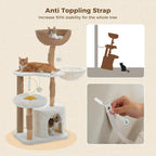 PEQULTI 48.5'' Modern Cat Tree for Large Indoor Cats Solid Wood Cat Tower with Luxury Cat Condo, Cozy Hammock, Scratching Post, Rattan Perch and Flower Cat Bed, White