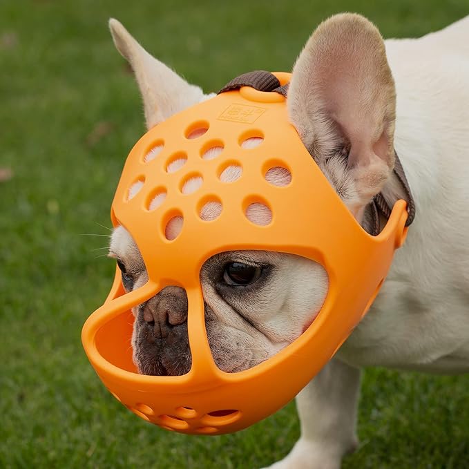 Short Snout Dog Muzzles,Soft Silicone Adjustable Breathable Bulldog Muzzle for Biting Chewing Barking Training,Ideal for Flat-Faced Dogs (L, Orange)