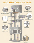 79.9 inch Cat Tree for Indoor Cats, Multi-Layer Scratching Post with Large Platform, 2 Caves, 7 Sisal Posts, Pompoms, Cat Basket, Hammock, Suitable for Cats, Light Grey MS20318LG