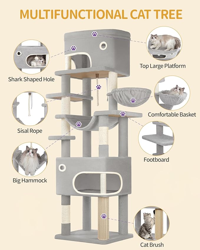 79.9 inch Cat Tree for Indoor Cats, Multi-Layer Scratching Post with Large Platform, 2 Caves, 7 Sisal Posts, Pompoms, Cat Basket, Hammock, Suitable for Cats, Light Grey MS20318LG