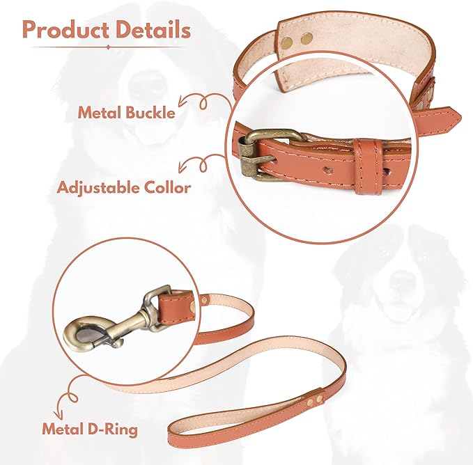 Lightnpro Leather & Nylon Dog Collar & Leash Set - 18" Adjustable Collar with Metal Buckle + Durable Leash - Heavy-Duty Walking & Training Gear for German Shepherds, Saint Bernards & Large Breeds