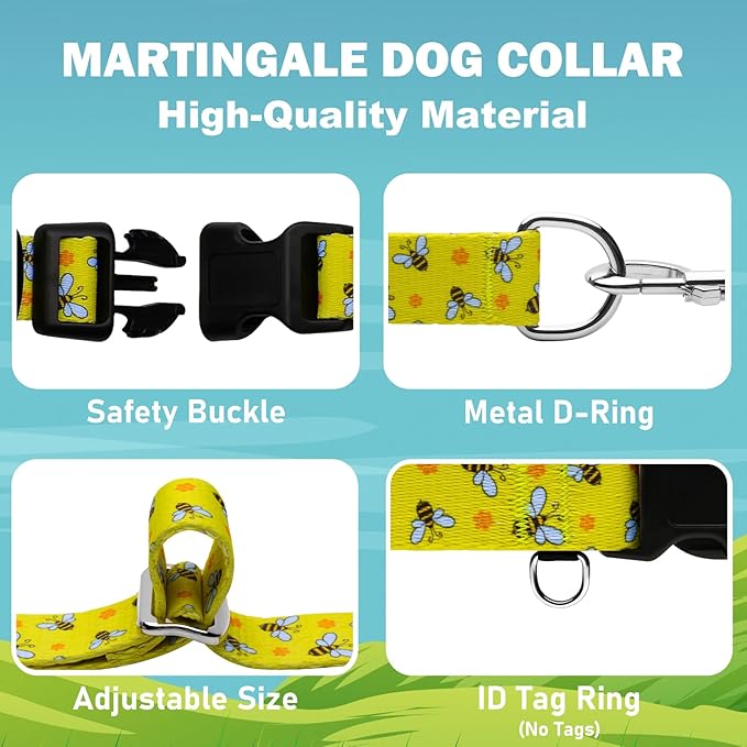 Martingale Collar for Dogs with Buckle No Pull Adjustable Nylon Limited Slip Training Dog Collars (Yellow Bee, Large)