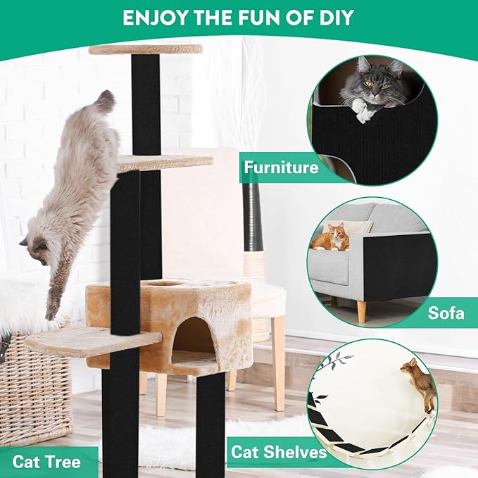 Trimmable Cat Scratcher Mat, Self-Adhesive Cat Scratching Carpet Pad Replacement for Cat Tree Shelves, Cat Steps and Posts, DIY Cat Scratch Couch Furniture Protector (Black, 39.4"x15.8")