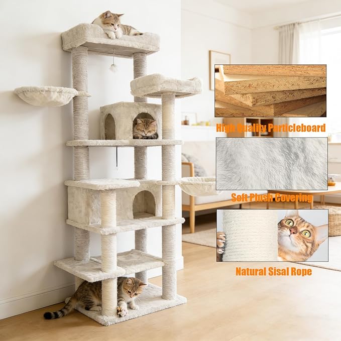 KAWHBET 68in Cat Tree,Cute Cat Tower Big Multi-Level Cat Tower for Large Cats with Removeable Cushion,Hammocks Sisal Scratching Posts,Condos,for to Play and Sleep Cat Tree for Indoor Cats (White)