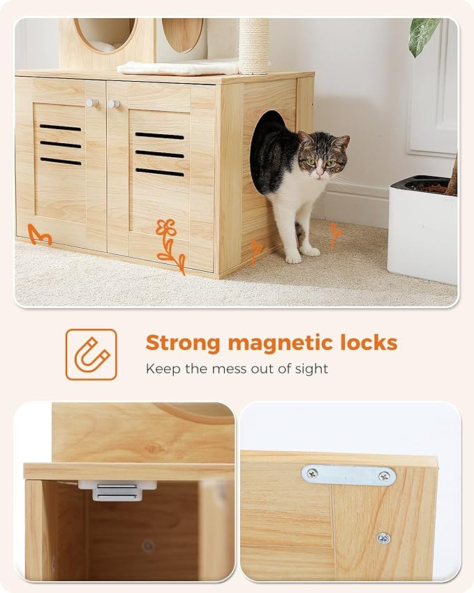 Cat Tree with Litter Box Enclosure, 50" Modern Cat Tree for Large/Fat Cats with Cat Condo, Wooden Cat Furniture with Large Hammock and Top Perch, Beige