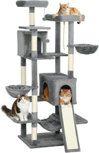 PawHut Flower Cat Tree, 69" Large Cat Tower for Indoor Kittens with 2 Spacious Condos, Sisal Scratching Posts, 2 Hanging Balls, Perches, Ramp, Bed, Dark Gray