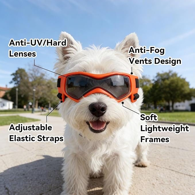 Dog Goggles Dog Sunglasses for Small Breed UV Protection Windproof with Adjustable Head Straps Chin Straps for Ride Car/Hiking Travel/On Beach-Orange