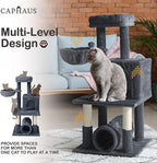 CAPHAUS Large Cat Tree with Scratching Posts, Cave Condo, 40-Inch Multi-Level Indoor Activity Structure with Basket for Cats, Modern Sisal Wrapped Design