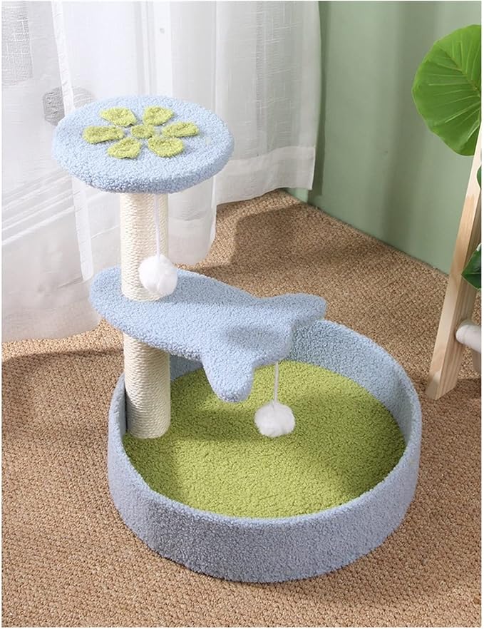 Cat Tree Cat Tower Two-color three-layer cat climbing frame avocado green light blue petals cat litter cat jumping platform cat claw double ball toy Cat Tree Condo Cat Tree Indoor Climbing ( Color : 1