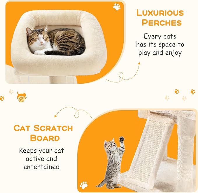 HOOMIC 36" Cat Tree for Indoor Cats, Multi-Level Cat Condo with Sisal Scratching Posts and Board, Cozy Hammock, Padded Plush Perch for Kittens, Beige