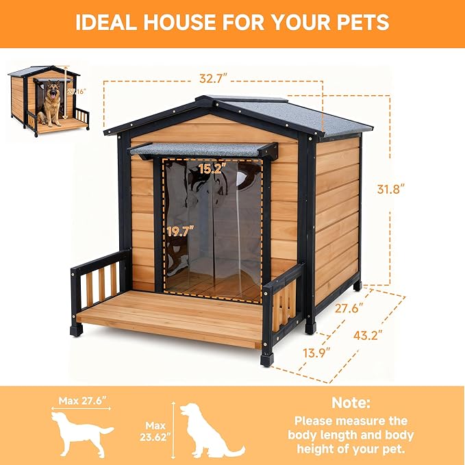Large Indoor Outdoor Dog House,Wood Insulated Dog House,Weatherproof Outside Shelter with Elevated Floor,Easy to Assemble for Small Medium Large Dog(43.2" L x32.7 W x 31.8" H)