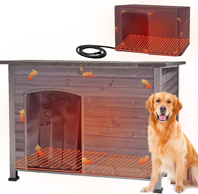 Aivituvin Dog House with Insulated Liner, Heated Outdoor Indoor Weatherproof Dog House for Winter, Suitable for Small & Medium & Large Dogs with Unique All-Around Iron Frame(Grey)
