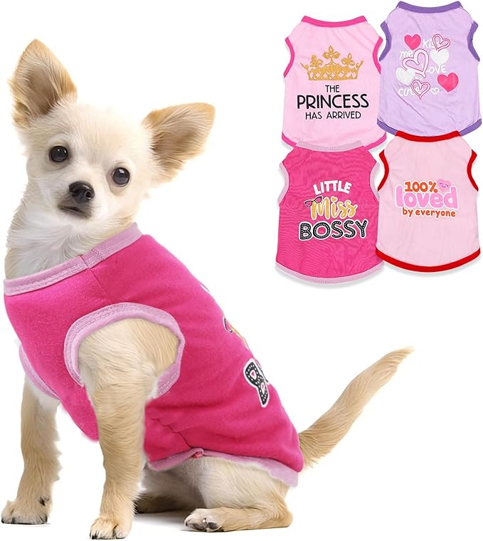 4 Pieces Dog Clothes for Small Dogs Girl Chihuahua Clothes Cute Pink Puppy Shirts Soft Shih Tzu Clothe Teacup Dog Costume Pet Cat Outfit Clothing for Xs