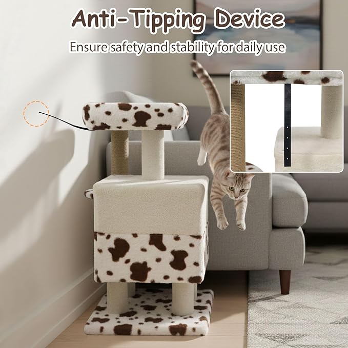 Tangkula 30 Inch Small Cat Tree, Unique Cat Tower with Jute Scratching Post, 2-Door Condo, Padded Top Perch, Jumping Platforms, Cow Print Aesthetic Cat Tree for Indoor Cats