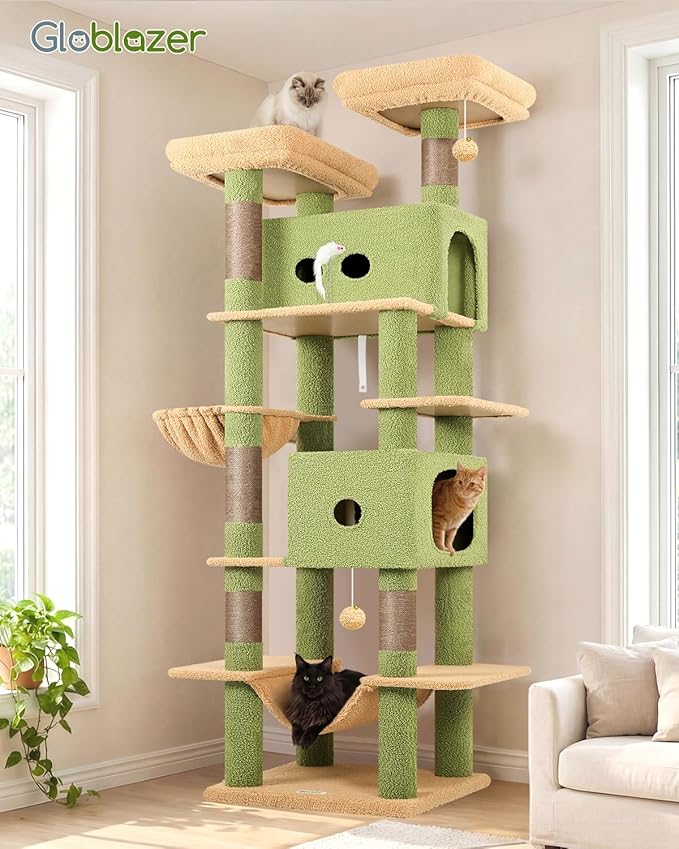 Globlazer Cactus Heavy Duty Cat Tree Tower 80in Tall Extra Large Cat Tree Tower for Multiple Indoor Cats Large Adult with Scratching Posts, 2 Spacious Condos, Padded Perches, Soft Hammock, S80B, Green