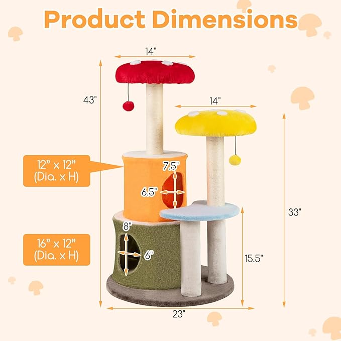 Tangkula Mushroom Cat Tree, 43 Inch Cute Cat Tower with Sisal Scratching Posts, Dual Cozy Condos, Padded Platforms, 2 Pompom Dangling Balls, Multi-Level Modern Cat Tree Tower for Indoor Cats