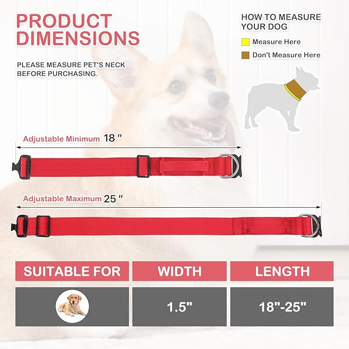 MoNiBloom Tactical Dog Collar with Handle, 1.5 Inch Wide Heavy Duty Military Collar for Medium Large Dog Walking, Training, Running, Red
