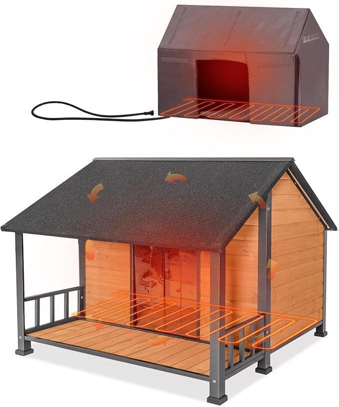 GUTINNEEN Heated Dog House Outdoor with Proch Weatherproof Dog Kennel with Heating Pad and Anti-Chewing Iron Frame Dog Shelter for Small Medium Dogs (Brown)