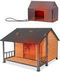 GUTINNEEN Heated Dog House Outdoor with Proch Weatherproof Dog Kennel with Heating Pad and Anti-Chewing Iron Frame Dog Shelter for Small Medium Dogs (Brown)