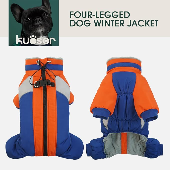 Kuoser Medium Dog Coat with Built-in Harness, Reflective Winter Jacket, Four-Legged Dog Snowsuit for Boston Terrier, Schnauzer (Blue M)