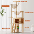 59” Wood Cat Tower with Sisal Scratching Post, Modern Cat Tree with 2 Acrylic Bowl, Cat Condo, Climbing Ladder & Hanging Ball Toy, Multi-Level Cat Activity Center (59 inch)