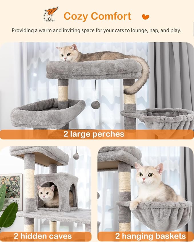 Cat Tree, 81-Inch Tall Cat Tower with Scratching Post, Plush Multi-Level Cat Condo with 2 Perches, 2 Caves, 2 Basket, Hammock for Indoor Cats Light Grey