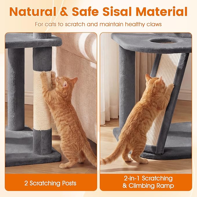 PETSITE 44-inch Multi-Level Cat Tree, Modern Cat Tower with Sisal Scratching Posts, Cozy Condo, Playful Cat Hole, Sisal Covered Ladder, and Dangling Ball, Ideal for Indoor Cats and Kittens (Grey)