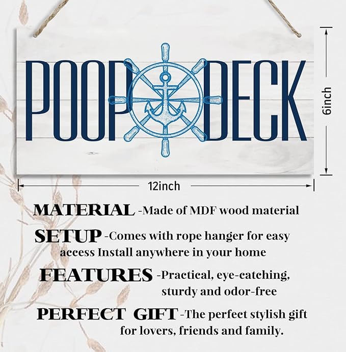Nautical Style Wood Decor Sign, Poop Deck, Hanging Printed Wooden Plaque Décor, Rustic Wall Decor Indoor or Outdoor, Home Décor Sign for Nursery, Artistic Wall Sign for Beach Bathroom Hostel 12x6 inch
