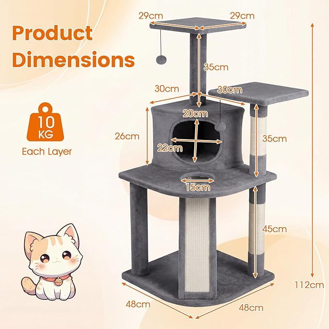 PETSITE 44-inch Multi-Level Cat Tree, Modern Cat Tower with Sisal Scratching Posts, Cozy Condo, Playful Cat Hole, Sisal Covered Ladder, and Dangling Ball, Ideal for Indoor Cats and Kittens (Grey)