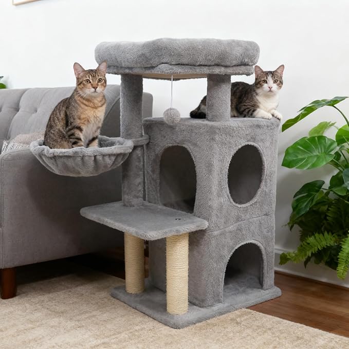 Tangkula Cat Tree Tower, 33.5 Inch Cute Cat Tower with 2-Tier Large Condo, Sisal Scratching Posts, Padded Top Perch, Dangling Toy, Rotatable Cozy Basket, Cat Climbing Furniture (Light Gray)