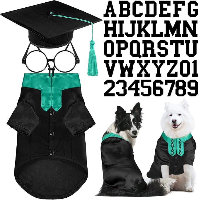 5 Pcs Dog Graduation Costume Set Include 2026 Pet Graduation Gown with Stole Puppy Grad Cap Lensless Glasses DIY Letter Stickers for Dogs Cats Holiday Costume Accessory(Black Green,XL)