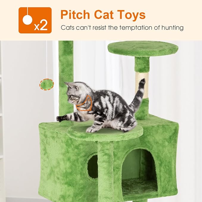 Cat Tree 69.3 inches Cat Tower for Indoor Cats Cat House with Replaceable and Removable Dangling Ball Cat Trees and Towers with Funny Toys, Green