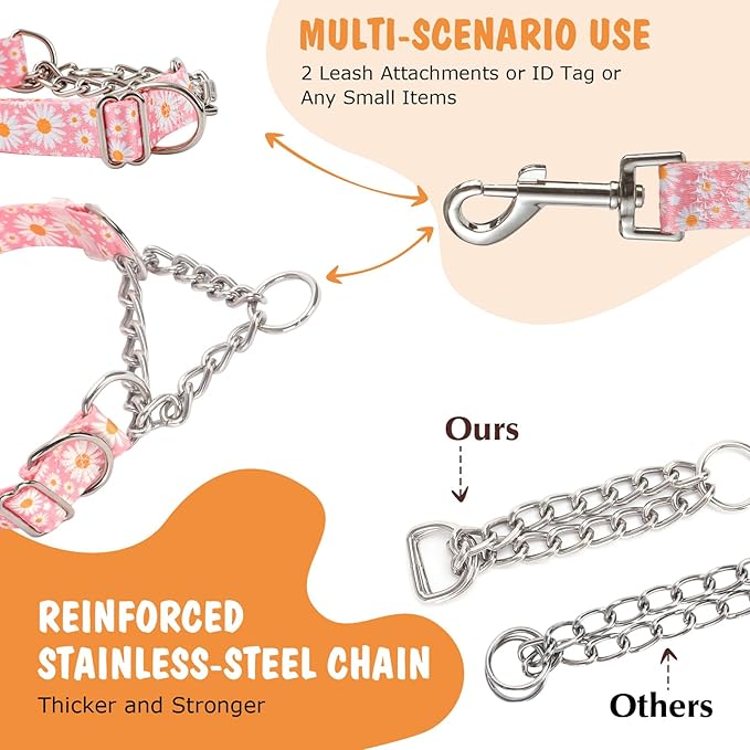 Stainless Steel Chain Martingale Dog Collar, No Pull Slip Cinch Choker Choke Collar Training Escape Proof Heavy Duty Dog Collar for Medium Large XL Pet Dogs, Pink Daisy L