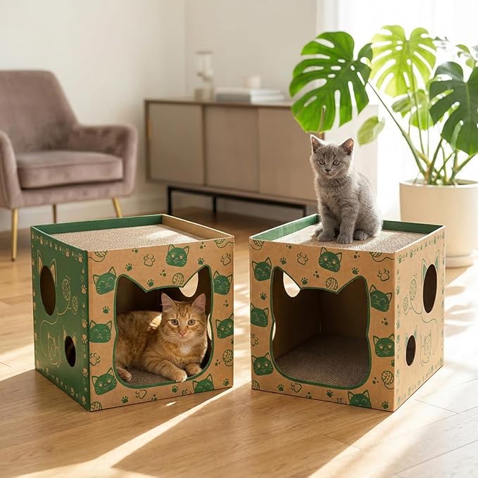 2 Pack Cardboard Cat Houses, Cat Play House with 2 PCS Scratching Pad, Corrugated Kitten Hideaway Cave, Cute Cats Condos Box, Cat Scratching Toy, Scratcher Bed for Indoor Cats, Kittens, Bunny