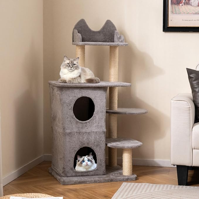 PETSITE 48.5-inch Multi-Level Cat Tree, Modern Cat Tree Tower with Sisal Scratching Posts, Double-Layer Condo, Cute Top Perch, and Multiple Jumping Platforms, Grey