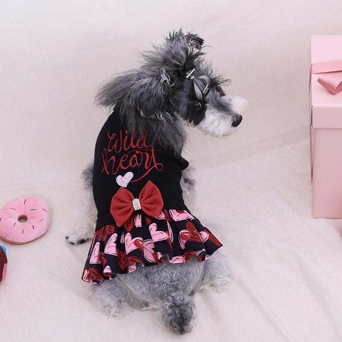 CuteBone Core Spun Dog Sweater Dress for Small Dogs Girl, Wild Heart Embroidery Turtleneck Medium Dog Sweater with Leash Hole, Dog Coat for Chihuahua Yorkie Teacup DS103L