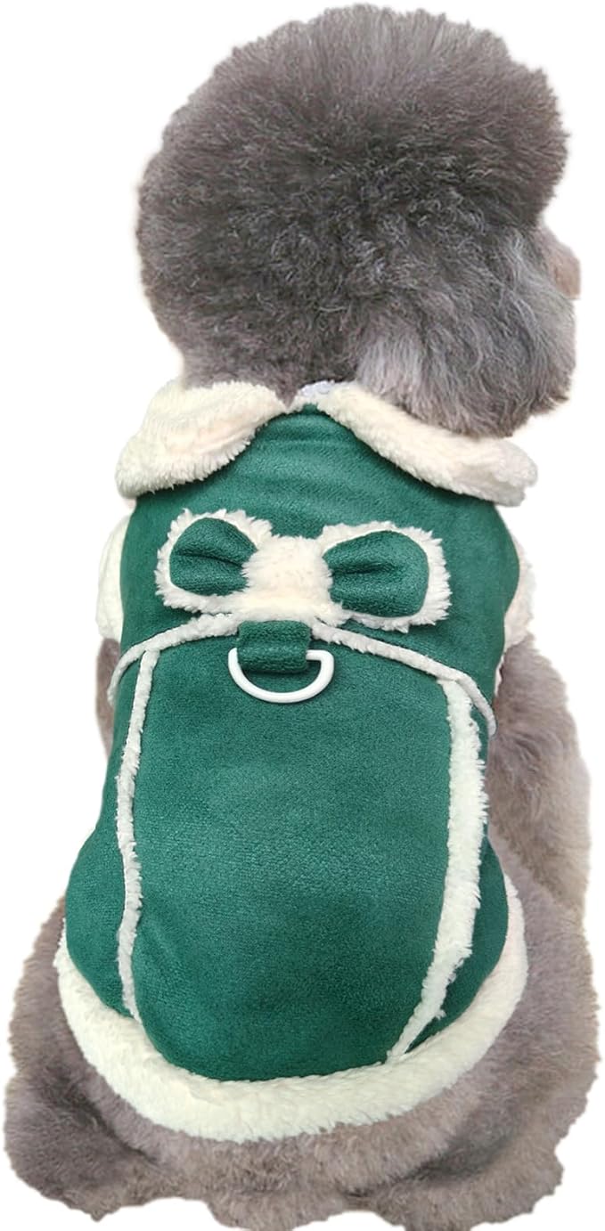 Jecikelon Bowtie Dog Cold Weather Coat Fleece Lining Warm Pet Puppy Turtleneck Dogs Winter Clothes for Small Dogs with D-Ring (Green, X-Small)