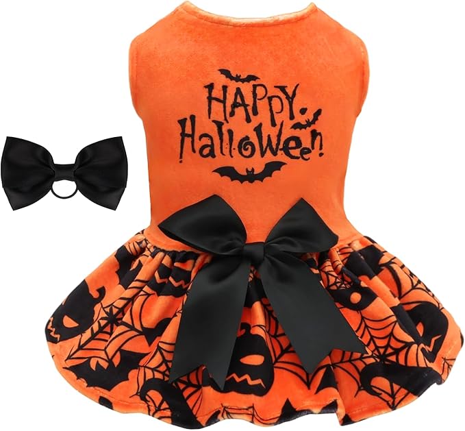 CuteBone Halloween Dog Dresses Velvet Holiday Small Dogs Clothes Onesie Pet Apparel Girl Puppy Skirt with Bow Hair Rope CVA57L-D