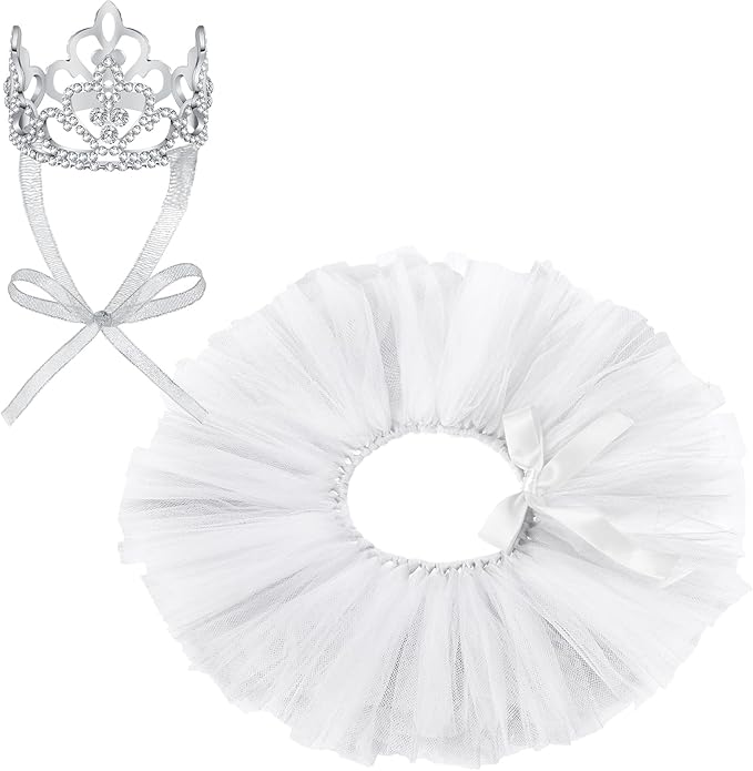 2 Pcs Dog Crown Headband Dog Tutu Dress Set Crystal Rhinestone Tiara Crown Tutu Skirt Pet Dress Costume for Puppy Birthday Party Wedding Photo Prop Costume(Small,White)