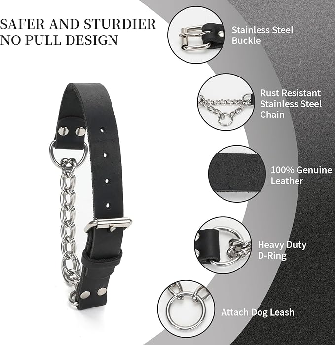 Martingale Collar for Dogs No-Pull Adjustable Training Collar with Stainless Steel Chain - Genuine Leather Anti-Slip Design for Small,Medium,Large Breed Dogs - Black (M)