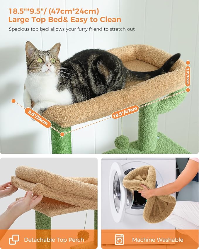 PEQULTI 56.3'' Cat Tree for Large Cats with Super Large Top Perch, Tower for Indoor Cats with Hammock and Sleeping Bag, Cat Shelves with Scratching Posts and 2 Condos Houses Green
