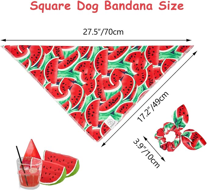 E-Clover Dog Bandanas Summer & Matching Scrunchie Set Dog Bandana Bibs Washable Kerchief Scarf for Medium Large Dogs & Owner Watermelon