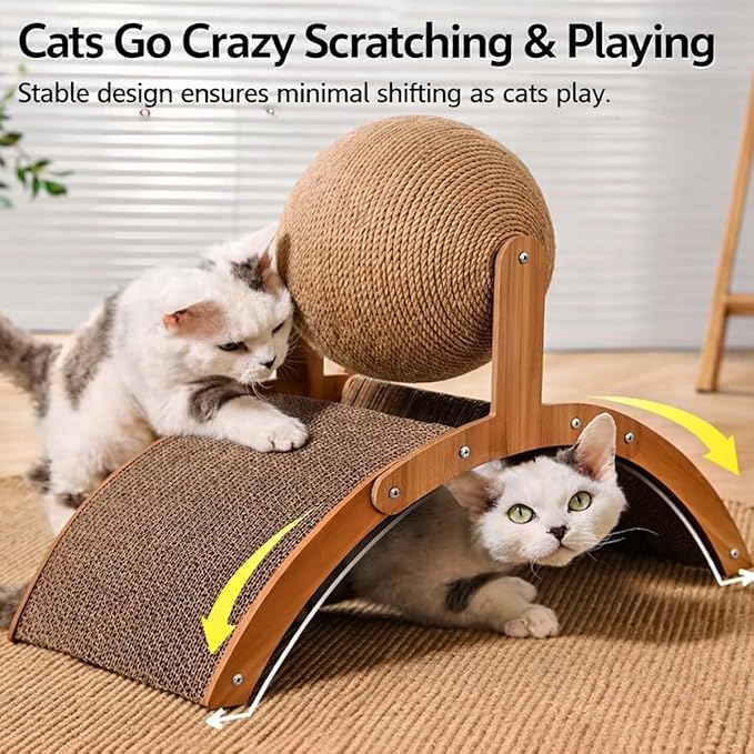 Cat Scratching Ball on Stand, Solid Wood Slanted Cat Scratching Board Design, 2-in-1 Interactive Cat Scratcher Toy with Arch Bridge and 360° Rotating Natural Sisal Ball for Indoor Cat Kittens (S)