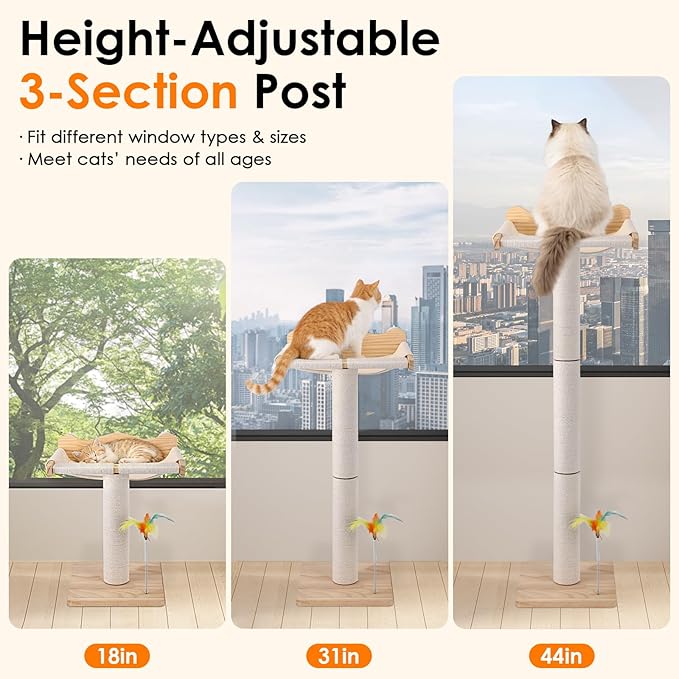 Keaber Cat Window Perch with Scratching Post, 44" Tall Adjustable Sisal Cat Tree for Large Cats Up to 33lbs, Suction Cup Wooden Hammock for Climbing,Bird Watching,Sleeping, Beige,with Washable Cushion