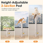 Keaber Cat Window Perch with Scratching Post, 44" Tall Adjustable Sisal Cat Tree for Large Cats Up to 33lbs, Suction Cup Wooden Hammock for Climbing,Bird Watching,Sleeping, Beige,with Washable Cushion