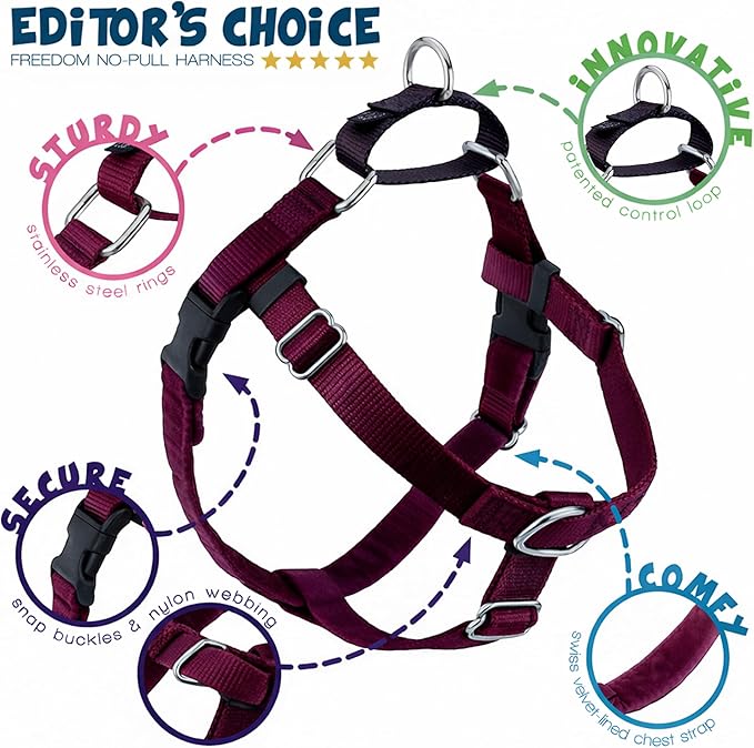 2 Hounds Design Freedom No Pull Dog Harness, Adjustable Harness, Easy Walking & Comfortable Control, Fits Small, Medium & Large Dogs, Solid Colors, Made in USA, 1" XXL, Burgundy