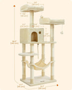Feandrea Cat Tree, 56.3-Inch Cat Tower, Multi-Level Plush Condo with 11 Scratching Posts, 2 Perches, Hammock, Cave, Beige UPCT15BE