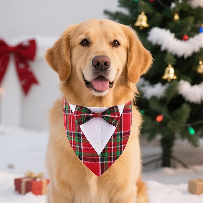 ADOGGYGO Christmas Dog Tuxedo Bandana, Red Green Plaid Pet Xmas Collar with Bow, Adjustable Christmas Costume for Large Dogs (L)