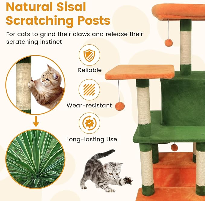 PETSITE Multi-Level Cat Tree, 58 Inches Tall with Sisal Scratching Posts, Condo, Hammock, Dangling Balls, Jumping Platforms, and Cozy Top Perch, Ideal for Indoor Cats to Play and Rest (Green)